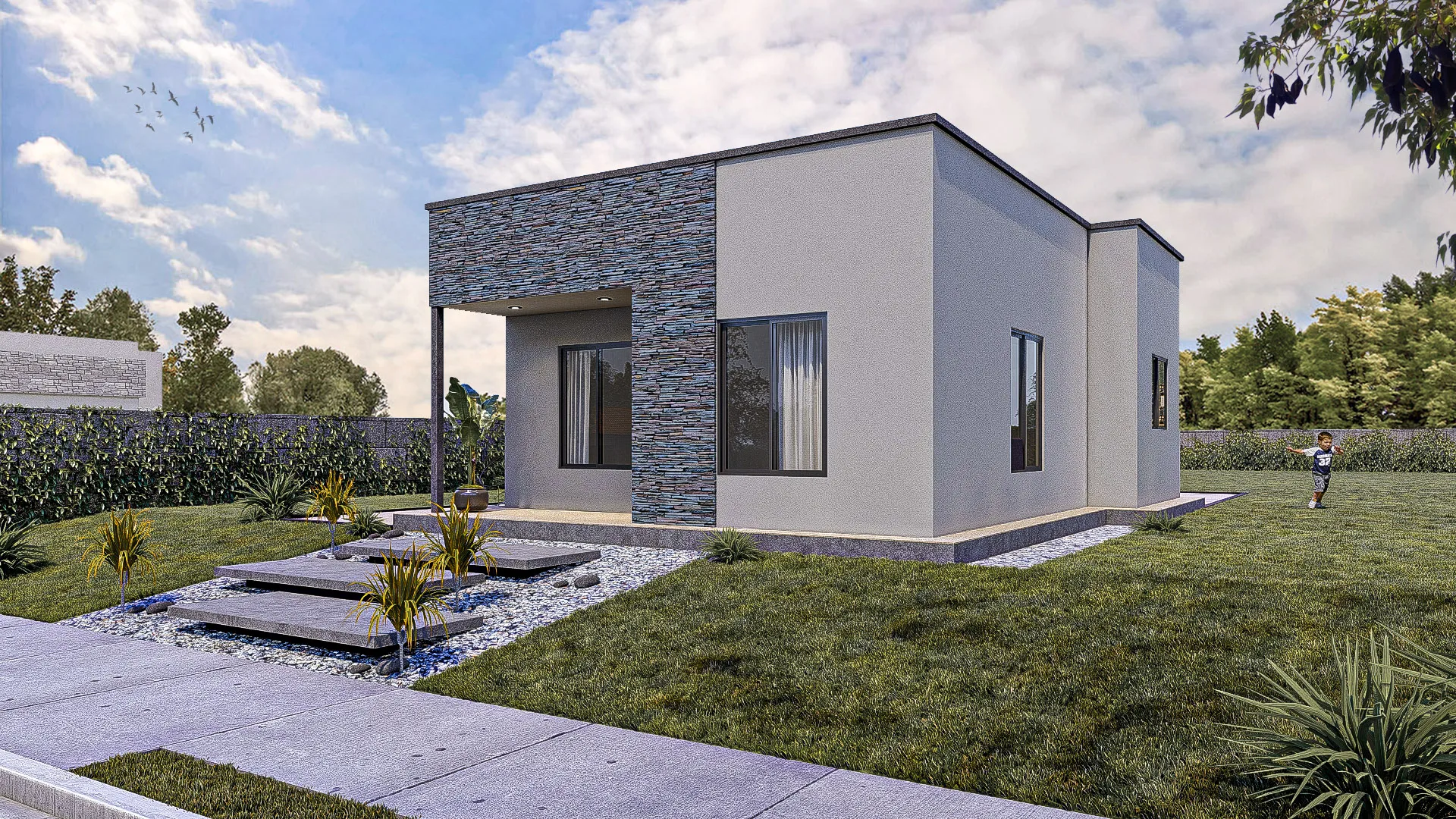Render exterior del modelo de vivienda Andesina, de Durma
