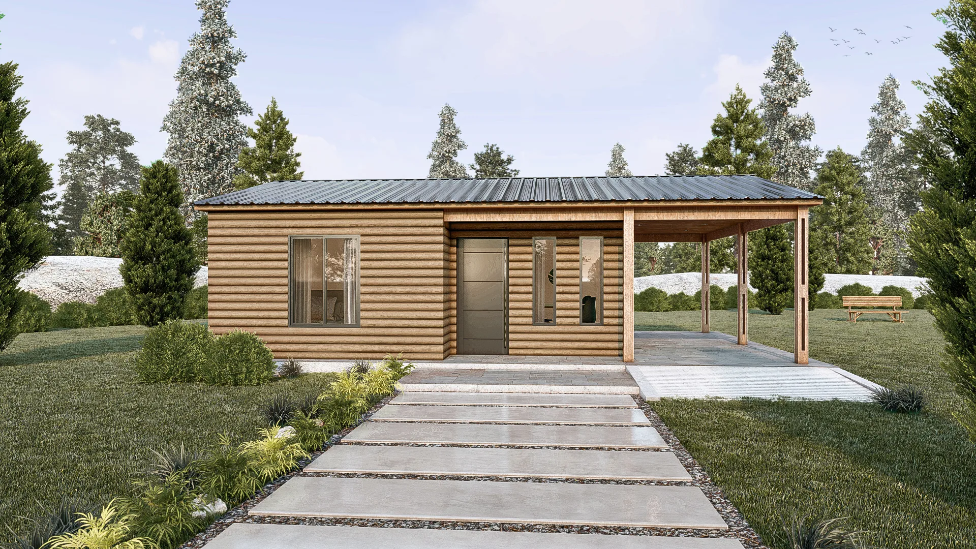 Render exterior del modelo de vivienda Lazulita, de Durma