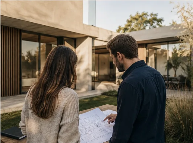 Un profesional de Durma junto a sus clientes, revisando los planos de la vivienda frente a la obra